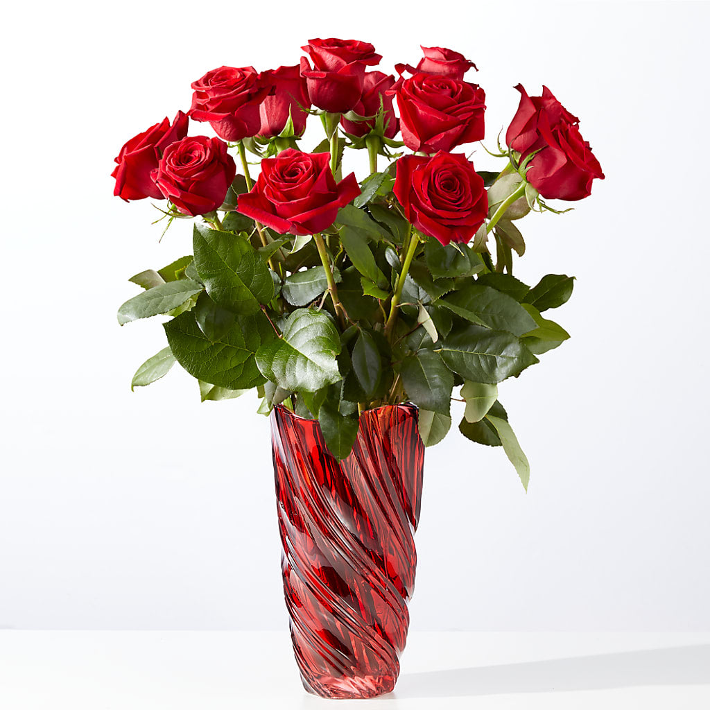 Classic Love Red Rose Bouquet with Luxe Swirl Vase – Blooms For You, Hamilton NJ